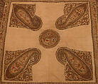 Shawl, Wool; plain weave, appliquéd with embroidered panels