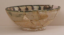 Bowl, Earthenware; incised and painted decoration on white slip ground under transparent glaze