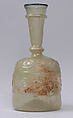 Bottle with Impressed Decorations, Glass, greenish yellow; blown in two parts, impressed with tongs, applied blue rim