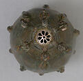 Bottle with Sprinkler Top, Quaternary alloy; cast, engraved, inlaid with silver and copper