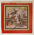 "Rustam Seizes Afrasiyab by the Girdle and Lifts him from the Saddle", Folio from a Shahnama (Book of Kings), Abu&#39;l Qasim Firdausi (Iranian, Paj ca. 940/41–1020 Tus), Main support: Ink, opaque watercolor, gold on paper
Margins: Ink and gold on dyed paper