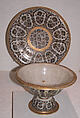 Footed Bowl and Plate, Glass, opalescent white; blown, bowl with applied stem and blown applied foot, fired silver and gold decoration