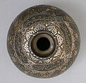 Base for a Water Pipe (Huqqa) with Poetry and Flowers, Zinc alloy; cast, engraved, inlaid with silver and brass (bidri ware)