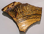 Ceramic Fragment, Earthenware; incised decoration through white slip and coloring under transparent glaze