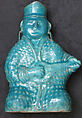 Bottle in the Form of a Lute Player, Stonepaste; molded, turquoise-glazed, partially gilded