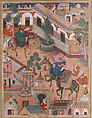 "The Spy Zambur Brings Mahiya to the City of Tawariq", Folio from a Hamzanama (Book of Hamza), Attributed to Kesav Das (Indian, active ca. 1570–1604), Ink, opaque watercolor, and gold on cloth; mounted on paper