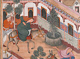 "The Spy Zambur Brings Mahiya to the City of Tawariq", Folio from a Hamzanama (Book of Hamza), Attributed to Kesav Das (Indian, active ca. 1570–1604), Ink, opaque watercolor, and gold on cloth; mounted on paper