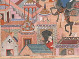 "The Spy Zambur Brings Mahiya to the City of Tawariq", Folio from a Hamzanama (Book of Hamza), Attributed to Kesav Das (Indian, active ca. 1570–1604), Ink, opaque watercolor, and gold on cloth; mounted on paper