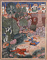 "'Umar Walks around Fulad Castle, Meets a Foot Soldier and Kicks Him to the Ground", Folio from a Hamzanama (The Adventures of Hamza), Attributed to Kesav Das (Indian, active ca. 1570–1604), Ink, opaque watercolor, and gold on cloth; mounted on paper