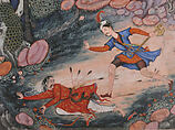 "'Umar Walks around Fulad Castle, Meets a Foot Soldier and Kicks Him to the Ground", Folio from a Hamzanama (The Adventures of Hamza), Attributed to Kesav Das (Indian, active ca. 1570–1604), Ink, opaque watercolor, and gold on cloth; mounted on paper