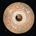 Spindle Whorl or Button, Bone; tinted, incised, and inlaid with paint
