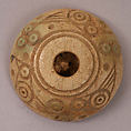 Spindle Whorl or Button, Bone; tinted, incised, and inlaid with paint
