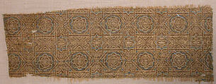 Textile Fragment, Silk, gold wrapped silk, and undyed linen; compound weave