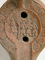 Lamp with the Three Hebrews before Nebuchadnezzar, Earthenware; molded
