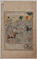 "Bahram Gur Shows His Skill Hunting, while Fitna Watches", Folio from a Haft Paykar (Seven Portraits) of Nizami of Ganja, Nizami (present-day Azerbaijan, Ganja 1141–1209 Ganja), Opaque watercolor, gold, and ink on paper