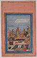 "Princess Entertaining a Visitor on the Balcony", Folio from the Davis Album, Ink, opaque watercolor, and gold on paper