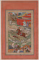 "Hamid Bhakari Punished by Akbar", Folio from a Manuscript of the Akbarnama. Folio from the Davis Album, Abu&#39;l Fazl (Indian, Agra 1556–1602 Deccan Plateau), Ink, opaque watercolor, and gold on paper