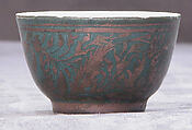 Cup, Stonepaste; luster-painted on opaque dark green and light blue glaze; silver