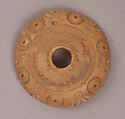 Button, Bone; incised and inlaid with paint