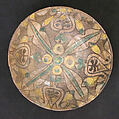 Bowl, Earthenware; buff slip, decoration in black with touches of green and yellow, glazed