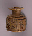 Bead, Ivory or bone; incised and inlaid with paint