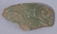 Fragment, Earthenware; molded decoration of spirals and dots, green glaze