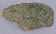 Ceramic Fragment, Earthenware; molded decoration of spirals and dots, green glaze