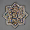 Eight-pointed Star Tile Depicting Animals and Inscription, Stonepaste; luster-painted on opaque white glaze under transparent glaze