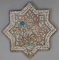 Eight-pointed Star Tile with Foliage and Inscription, Stonepaste; luster-painted on opaque white glaze under transparent glaze