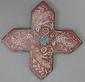 Cross-Shaped Tile, Stonepaste; luster-painted on opaque white glaze with touches of cobalt blue and turquoise color