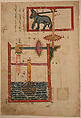 "Design on Each Side for Waterwheel Worked by Donkey Power", Folio from a Book of the Knowledge of Ingenious Mechanical Devices by al-Jazari, Badi&#39; al-Zaman ibn al-Razzaz al-Jazari (Northern Mesopotamia 1136–1206 Northern Mesopotamia), Ink, opaque watercolor, and gold on paper