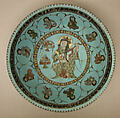 Turquoise Bowl with Lute Player and Audience, Stonepaste; glazed (opaque monochrome), in-glaze- and overglaze-painted, gilded