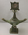Three-Spouted Oil Lamp, Bronze; cast, pierced, engraved