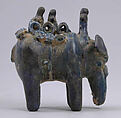 Elephant Carrying Two Figures Seated on Hawda and Mahout Seated on Neck, Stonepaste; molded, transparent blue glaze