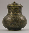 Ewer with Lid, Brass; cast and turned, engraved, incised, inlaid with silver and black compound