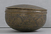 Bowl with Lid, Brass; inlaid in silver and gold