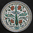 Dish with Cypress Tree, Saz Leaves, and Roses, Stonepaste; polychrome painted under transparent glaze