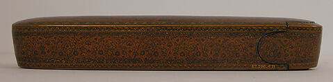 Pen Box (Qalamdan), Pasteboard, painted with opaque watercolor and gold leaf under lacquer, gilt, brass
