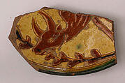 Plate Fragment, Earthenware; incised decoration through white slip and coloring under transparent glaze