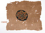 Fragment with a Composite Floral Motif Roundel, Wool, linen; plain weave, tapestry weave