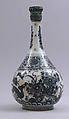 Bottle with Deer in Landscape, Stonepaste; underglaze painted; silver top inlaid with turquoise