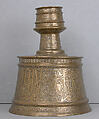 Candlestick with Horsemen and Arabic Inscriptions Conveying Good Wishes and Blessings Upon the Sultan, Brass; cast, engraved, and originally inlaid with silver