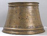 Candlestick with Enthronement Scene, Brass; engraved, incised, inlaid with silver