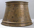 Candlestick with Enthronement Scene, Brass; engraved, incised, inlaid with silver