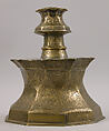 Candlestick with Figural Imagery, Brass; cast, engraved, and inlaid with silver and black compound