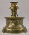 Candlestick with Repeating Seated Figure, Inscription, and Flowers, Brass; cast, engraved, and originally inlaid with silver