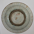 Dish, Stonepaste; underglaze painted in black, blue, and green with red slip
