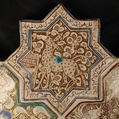 Star-Shaped Tile, Stonepaste; inglaze painted in blue and turquoise and luster-painted on opaque white glaze