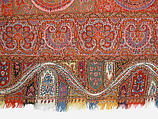 Shawl, Wool, silk; double interlocking twill tapestry weave, embroidered, pieced