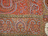 Shawl, Wool, silk; double interlocking twill tapestry weave, embroidered, pieced